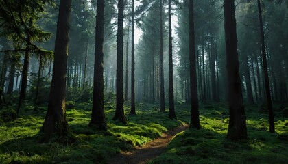 Obraz premium Sunbeams filtering through a misty forest path.