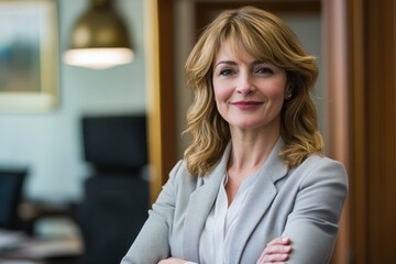 Fototapeta premium Confident businesswoman poses in modern office setting during daytime meeting