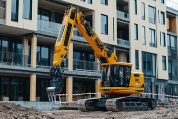 Excavator working on construction site of modern apartment buildings in daylight