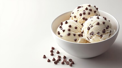 Three scoops of vanilla ice cream with chocolate chips in a white bowl.