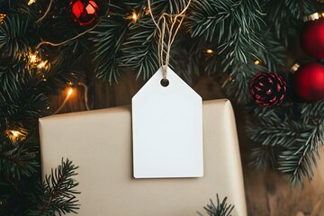Festive Contrast: White Blank Tag Mockup Isolated on Black Christmas Background