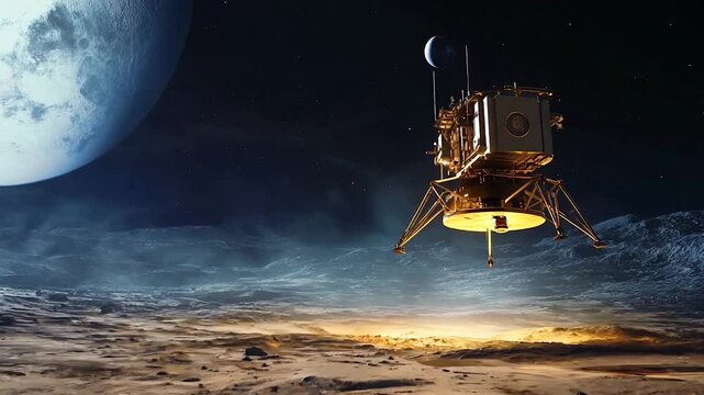 A futuristic lunar lander descends onto the moon's rugged surface, illuminated by soft light with Earth and a smaller celestial body visible in the starry background