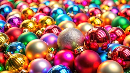 Multicolored Christmas ornaments burst with holiday cheer; a dazzling festive background.