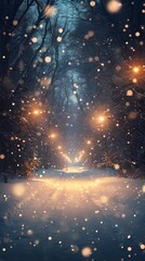 Blurred glowing golden light reflecting softly on a snowy forest road creating a peaceful and magical wintertime backdrop