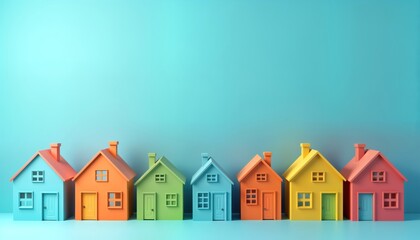 Colorful toy houses line up against pale blue background. Miniature homes show different colors. Illustration evokes sense of community, childlike joy. Ideal for children book education project.