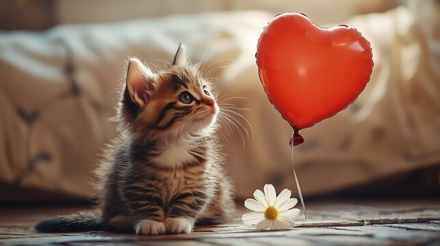 A fluffy white kitten with green eyes looking lovingly, sitting with a heart-shaped bollon a romantic cute scene