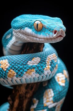 Vibrant Blue Morph of a Green Tree Python Coiled on a Branch with Intricate Scale Patterns and Striking Yellow and White Accents Against a Black Background