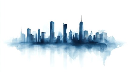 Blue watercolor cityscape skyline reflection.