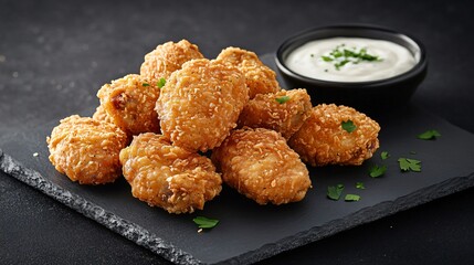 Fried chicken wings with a side of ranch dressing, isolated on a black slate board