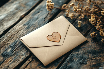 Photo of a kraft envelope with a heart-shaped wax seal, placed on a textured wooden surface and surrounded by dried floral elements, illuminated by gentle natural light