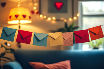 Photo of colorful envelopes and love letters hanging on a string across a cozy living room, styled with Valentine’s Day decorations in the background and illuminated by natural daylight
