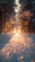 Blurred glowing golden light reflecting softly on a snowy forest road creating a peaceful and magical wintertime backdrop