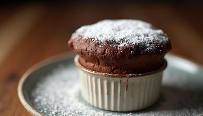 A delectable Chocolate Souffl?, freshly baked and dusted with powdered sugar,  a delightful dessert that promises a moment of pure indulgence.