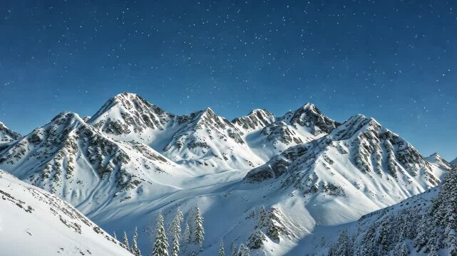 A stunning videograph showcasing a snow covered mountain range, standing tall and majestic, against a backdrop of a clear blue sky, Snow-covered mountains against a clear celestial sky