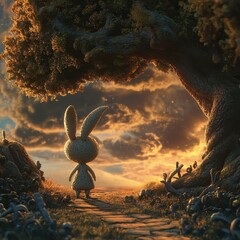Obraz premium A whimsical rabbit stands beneath a tree, gazing at a vibrant sunset, surrounded by a magical landscape filled with lush greenery.