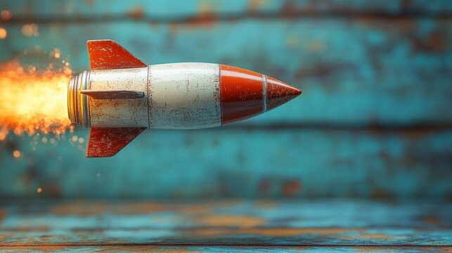 Vintage rocket launching with fiery trail against weathered teal background. - Powered by Adobe