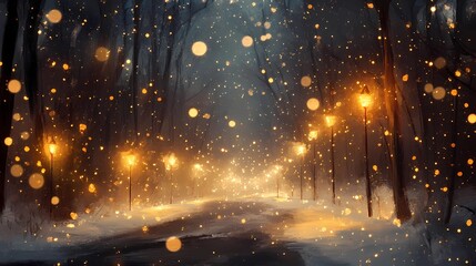 Blurred glowing golden light reflecting softly on a snowy forest road creating a peaceful and magical wintertime backdrop
