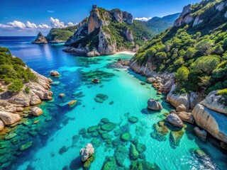 Fototapeta premium Sardinia's Cala Goloritze: breathtaking drone footage reveals emerald sea and rugged Baunei coast.