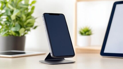 A smartphone on a stand with plants in a modern workspace setting.