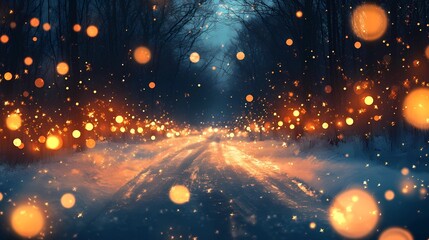 Obraz premium Blurred glowing golden light reflecting softly on a snowy forest road creating a peaceful and magical wintertime backdrop