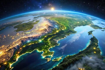 Fototapeta premium Satellite view reveals moonlit Eastern China & Taiwan's intricate night landscapes, a detailed low-light spectacle.