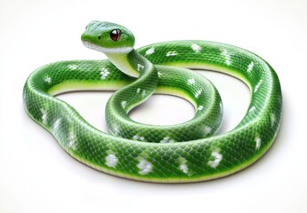 Fototapeta premium Vibrant Green Snake with Glossy Scales and Striking Appearance, Displaying Its Unique Pattern and Colors Against a Clean White Background