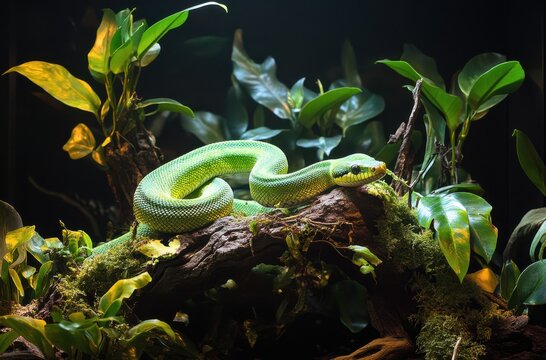 Vibrant Green Tree Python Relaxing on a Branch Surrounded by Lush Green Foliage in a Captivating Natural Environment