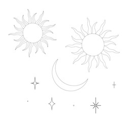 Set of Sun Moon Stars icons. Minimal celestial esoteric clipart for logo, tattoo, sunburst set. Vector illustration in linear drawing style on isolated background. Black etching day and night.