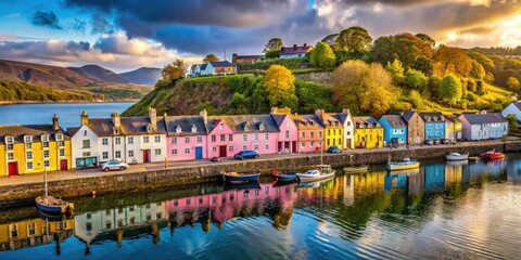 Obraz premium Skye's Portree harbor explodes with color; high depth of field captures the Scottish scene's beauty.