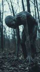 Mysterious humanoid figure in a foggy dark forest