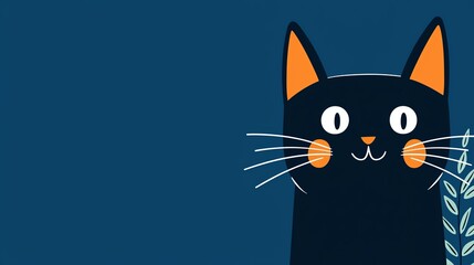 Obraz premium A playful, illustrated black cat with orange ears and cheeks, set against a deep blue background, exuding charm and whimsy.