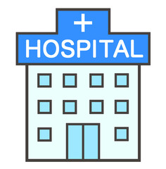 Obraz premium 病院 素材 アイコン 外観 シンプル おしゃれ 爽やか ポップ 文字 あしらい 挿絵 総合病院 救急病院 医院 クリニック 医療機関 医療施設 福祉 搬送 白背景 透過 Hospital building icon