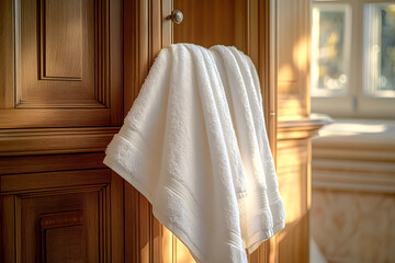In soft morning light of a sunny day, a close-up view captures pristine white towel hanging in a richly polished wooden wardrobe at a luxurious hotel, evoking a sense of relaxation and wanderlust, in