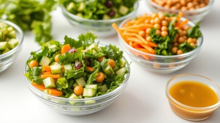 Fresh salad ingredients in glass bowls on white background