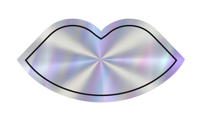 A shiny metallic empty lips hologram sticker with smooth curves and clean outlines with place for text. Holographic effect label for beauty, fashion background with copy space.