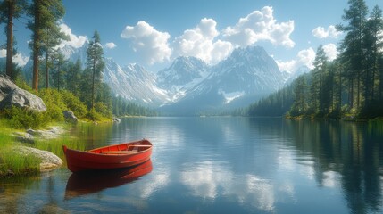 Obraz premium Serene Mountain Lake with Red Rowboat