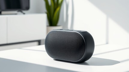 Naklejka premium Black wireless speaker on a white table in a bright room