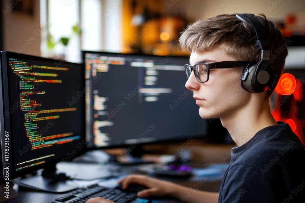Poster young programmer working on coding tasks at a home office during evening hours