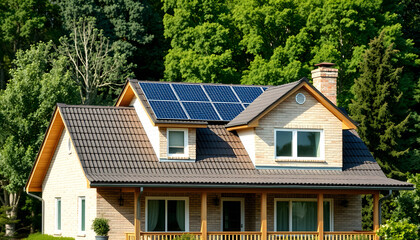 Naklejka premium solar panels on the roof of house, house with eco green energy concept, grunge, with white tones