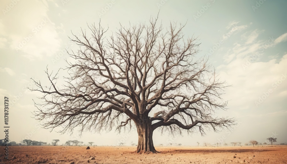 Wall mural Solemn, leafless tree standing tall on a dry, sandy plain.  Vast, empty landscape under a hazy sky.