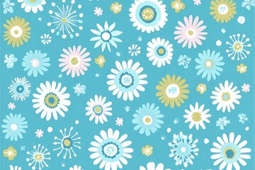 Colorful Floral Pattern with Vivid Flowers on Bright Turquoise Background
