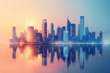 Obraz premium City skyline reflects on water during sunset with vibrant colors and modern architecture presented in soft tones