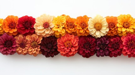 Colorful dahlia flowers arranged in a row on white background.