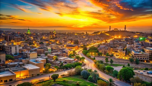 Stunning aerial bokeh photography captures Arbil, Iraqi Kurdistan, at night; a breathtaking panoramic city view.