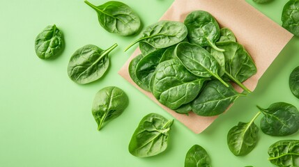 Obraz premium Fresh spinach leaves scattered randomly, isolated on a pastel green background