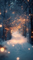 Fototapeta premium Blurred glowing golden light reflecting softly on a snowy forest road creating a peaceful and magical wintertime backdrop