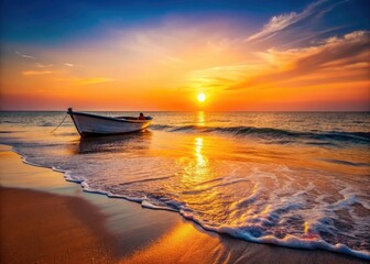 Stunning coastal macro shot: minimalist sunset hues paint the ocean, beach, and lone boat.