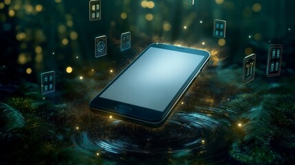 A futuristic smartphone mockup levitating in a glowing digital forest environment, surrounded by holographic app icons and a swirl of golden particles