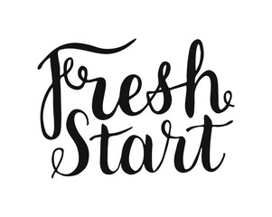 Fresh Start hand drawn calligraphy phrase. Modern vector handwritten script lettering in black white color. Spring.
