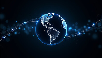 Fototapeta premium A digital global network concept with glowing blue connecting lines and light points encircling Earth, showcasing the night lights of North and South America against a dark background
